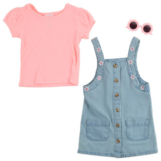 Thumbnail 3: Little Lass Little Girls 2 Pc Floral Denim Jumper & Sunglasses Set 