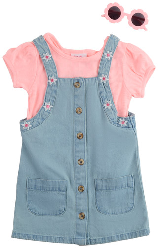Thumbnail 1: Little Lass Little Girls 2 Pc Floral Denim Jumper & Sunglasses Set 