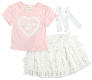 Thumbnail 1: Tween Diva Big Girls Short-Sleeve Heart-Graphic Knit T-Shirt & Lace Skort Set 