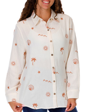 Thumbnail 1: OCEAN DRIVE Juniors Long Sleeve Embroidered Gauze Top 
