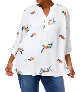 Thumbnail 1: Sapphire Women's Plus Embroidered Floral Roll Tab Sleeve Top  