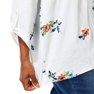Thumbnail 5: Sapphire Women's Plus Embroidered Floral Roll Tab Sleeve Top  