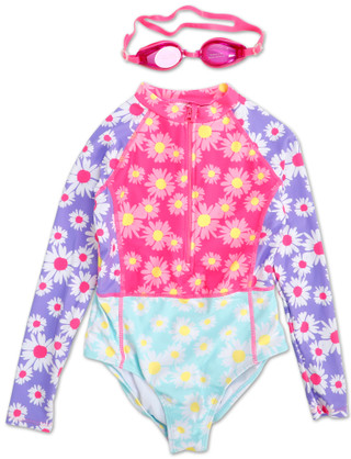 Thumbnail 1: BMAGICAL Girls One Piece Raashguard Swimsuit w/ Goggles 