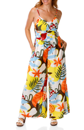 Thumbnail 1: Jolie & Joy Juniors Tropical Print Smocked Wide Leg Jumpsuit 