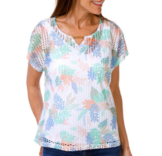 Thumbnail 1: Hearts of Palm Women's Short Sleeve Lined Crochet Texture Top 