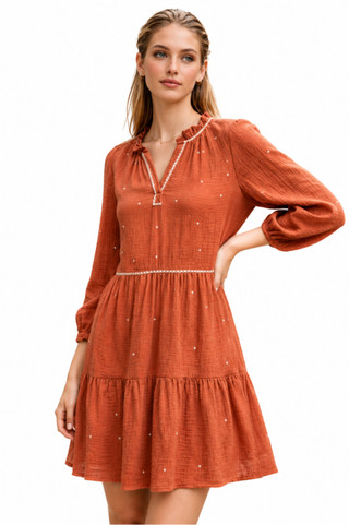 Thumbnail 1: Beach Lunch Lounge Women's Solid Embroidered Tiered Long Sleeve Dress 