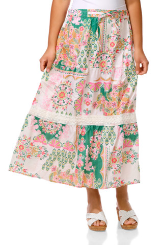 Thumbnail 1: Cupio Women's Floral Color Block Lace Trimmed Tiered Maxi Skirt 