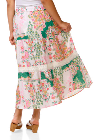 Thumbnail 2: Cupio Women's Floral Color Block Lace Trimmed Tiered Maxi Skirt 