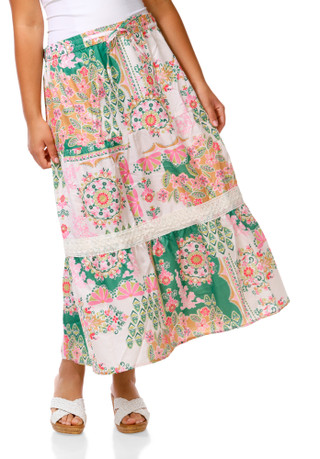 Thumbnail 3: Cupio Women's Floral Color Block Lace Trimmed Tiered Maxi Skirt 