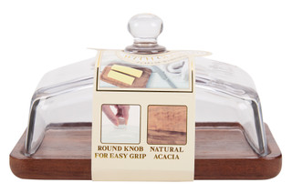 Thumbnail 2: GOURMET KITCHEN Acacia Wood 2 Stick Butter Dish with Glass Lid 