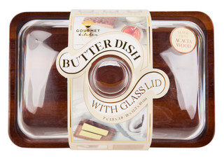 Thumbnail 1: GOURMET KITCHEN Acacia Wood 2 Stick Butter Dish with Glass Lid 