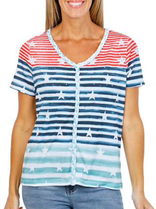 Thumbnail 1: Onque Women's Short Sleeve Americana Stripe Top 