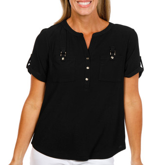 Thumbnail 1: Love Scarlett Women's Short Sleeve Buckle Henley Neck Top 