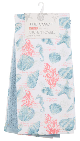 Thumbnail 1: The Coast 3 Pk Seahorse & Shells Kitchen Towels 