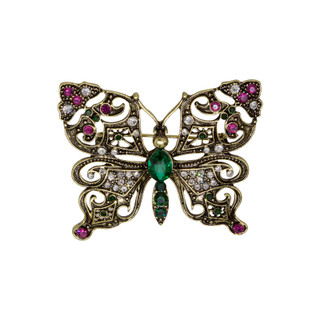 Thumbnail 1: 1928 Jewelry Gold Tone Filigree Butterfly Fuschia Green Stone Brooch 