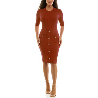 Thumbnail 1: Nina Leonard Women's Solid Ribbed Button Sweater Dress 
