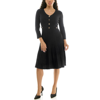Thumbnail 1: Nina Leonard Women's Solid Ribbed Flare Skirt Sweater Dress 