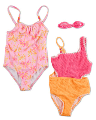 Thumbnail 1: Young Hearts Girls 2 Pk One Piece Swimsuits with Goggles 