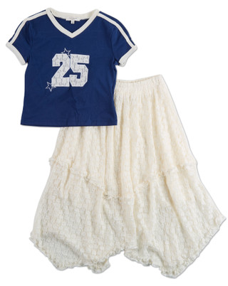 Thumbnail 1: No Comment Girls Girls 2 Pc V-Neck Tee with Lined Lace Skirt Set 