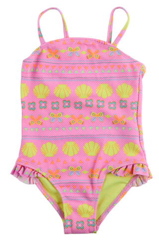 Thumbnail 1: Breaking Waves Little Girl's Shell Print One-Piece Swimsuit 