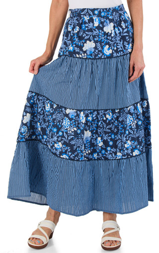 Thumbnail 1: Ellen Tracy Women's Floral & Stripe Tiered Challis Skirt 