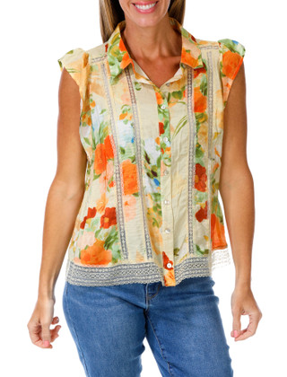 Thumbnail 1: FIGUEROA & FLOWER Women's Laced Trimmed Floral Button Down Top 