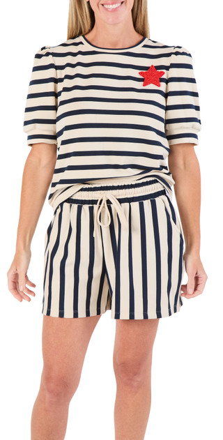 Thumbnail 1: Chelsea & Theodore Women's 2 Pc Star Patch Striped Shorts Set 