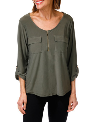 Thumbnail 1: Joie De Vivre Women's Quarter Zip 2 Pocket Studded Top 