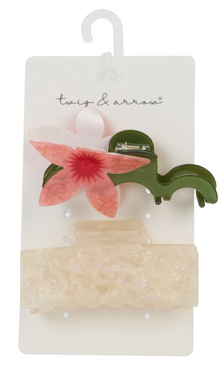 Thumbnail 1: TWIG & ARROW 2 Pk White Marble & Floral Claw Clip Set 