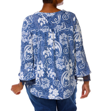 Thumbnail 6: AMANA Women's Plus Embossed Print Bell Sleeve Chiffon Hem Top 