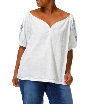 Thumbnail 1: MAX STUDIO Women's Plus Embroidered Puffy Sleeve Peasant Top 
