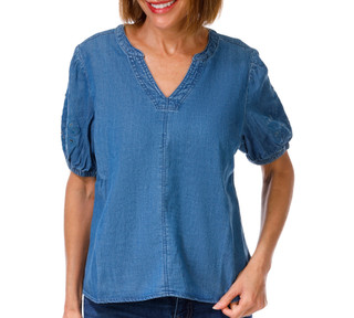 Thumbnail 1: Coral Bay Petite Short Sleeve Denim Split Neck Top 