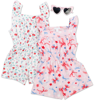 Thumbnail 1: Btween Toddler Girls 2 Pk American & Floral Rompers with Sunglasses 