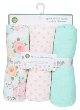 Thumbnail 1: Little Me 3 Pk Cotton Muslin Swaddle Blankets 