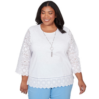 Thumbnail 1: Alfred Dunner Women's Plus Eyelet Trim Top With Necklace 
