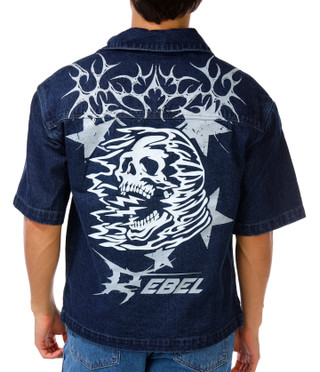 Thumbnail 1: Rebel Vengeance Men's Rebel Skeleton Short Sleeve Graphic Denim Shirt 