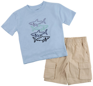 Thumbnail 1: Kids Headquarters Little Boy's 2 Pc Short Sleeve Shark Tee Cargo Set 