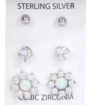 Thumbnail 2: NES GROUP Sterling Silver 3 Pc Ball Stud Cubic Zirconia Opal Sunburst Set 