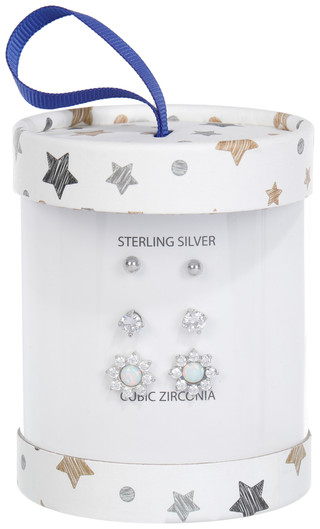 Thumbnail 1: NES GROUP Sterling Silver 3 Pc Ball Stud Cubic Zirconia Opal Sunburst Set 