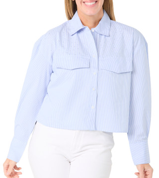 Thumbnail 1: ABS BY ALLEN SCHWARTZ Women's Long Sleeve Rhinestone Cropped Button Down Top 