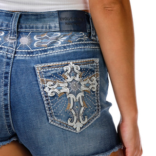 Thumbnail 3: Evolve Denim Juniors Bling Back Frayed Hem Denim Shorts 
