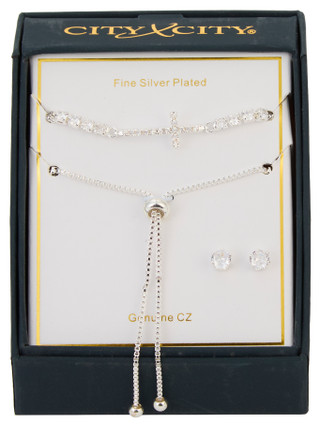 Thumbnail 1: City by City 3 Pc Silver Plated Cross Bracelet Earring Set 
