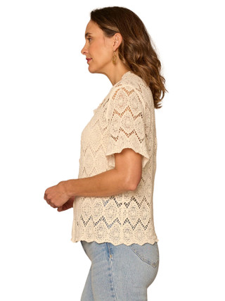 Thumbnail 2: Democracy Womens Short Sleeve Button Down Crochet Top 
