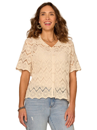 Thumbnail 3: Democracy Womens Short Sleeve Button Down Crochet Top 