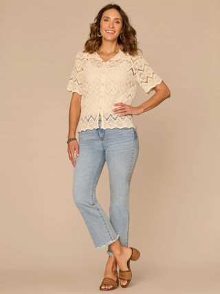 Thumbnail 4: Democracy Womens Short Sleeve Button Down Crochet Top 