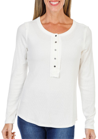 Thumbnail 3: BUNULU Women's Long Sleeve Ribbed Henley Solid Top  