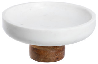 Thumbnail 1: Home Decor Factory 10x4.75 White Marble Cake Stand w/ Acacia Wood Base  