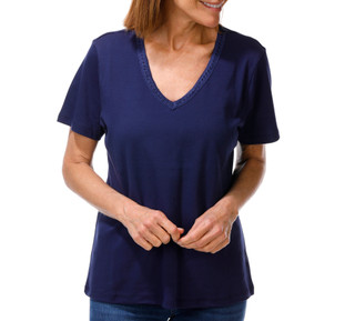 Thumbnail 2: Coral Bay Women's Short Sleeve Crochet Trim V-Neck Top 