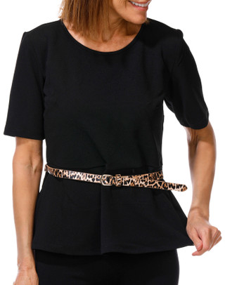 Thumbnail 1: NINE WEST Women's Elbow Sleeve Peblum Top w/ Cheetah Print Belt  