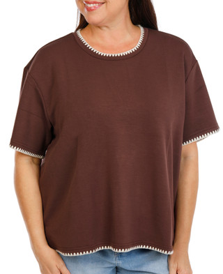 Thumbnail 2: MAGASCHONI Women's Plus Short Sleeve Scuba Whipstitch Crew Neck Top 